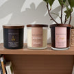 Three candles from Reneée Neufville on a shelf with a plant and books in the background.