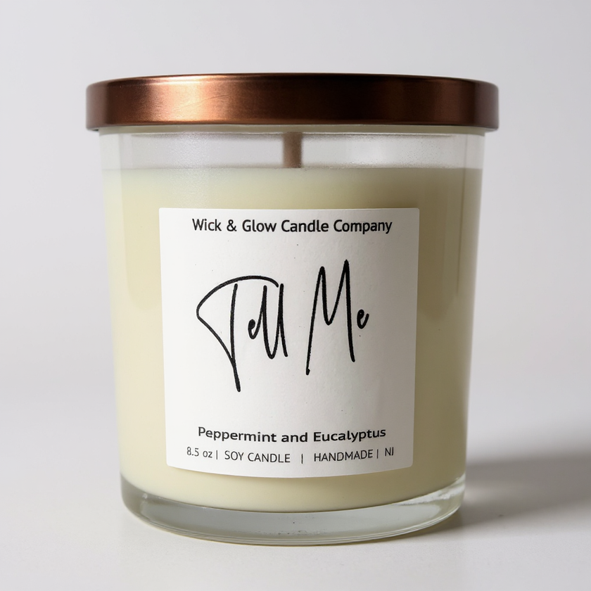 Candle with a copper lid and 'Wick & Glow Candle Company' label on a white background