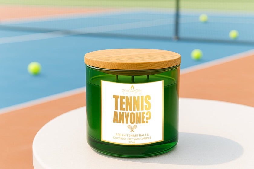 Candle labeled 'Tennis Anyone?' on a tennis court background
