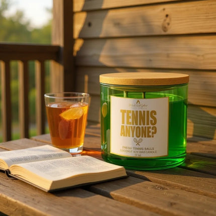 Green candle labeled 'Tennis Anyone?' with a glass of iced tea and an open book on a wooden surface.