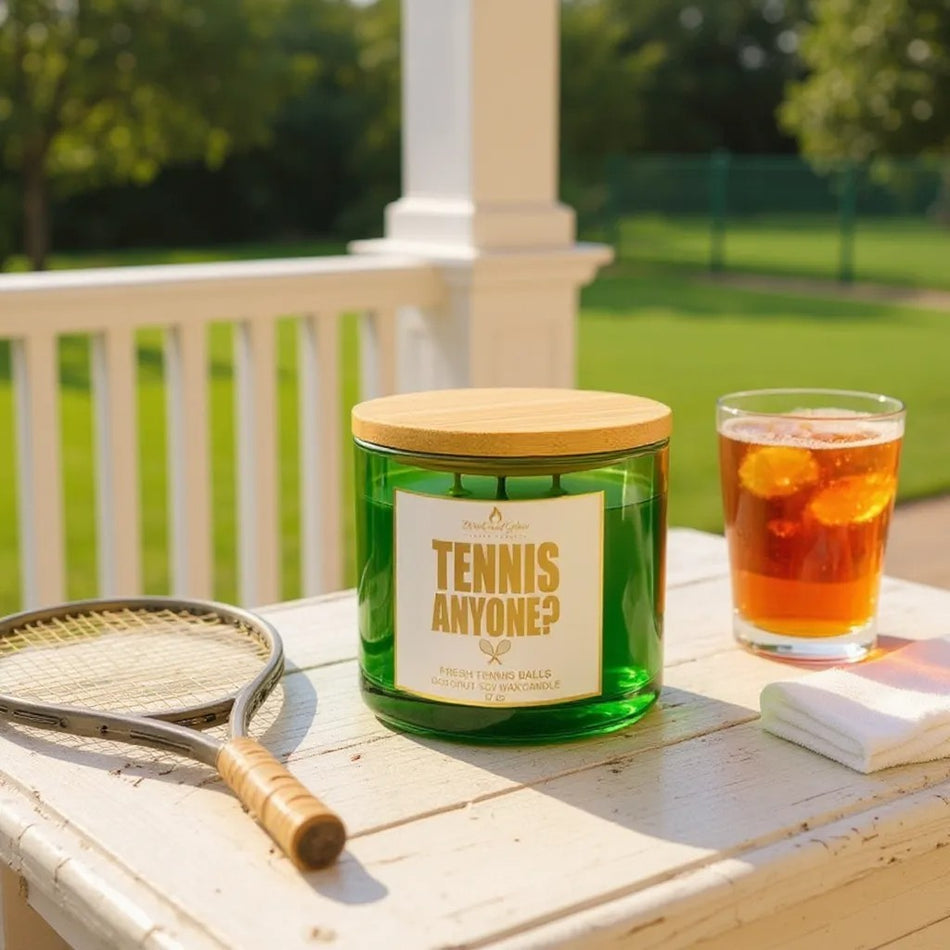 Candle labeled 'Tennis Anyone?' on a table with a tennis racket and iced tea.