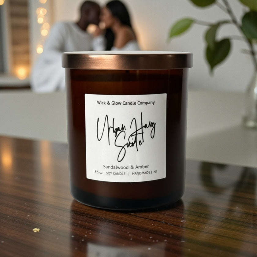 Candle with a label on a wooden surface, with a blurred background of two people and lights.