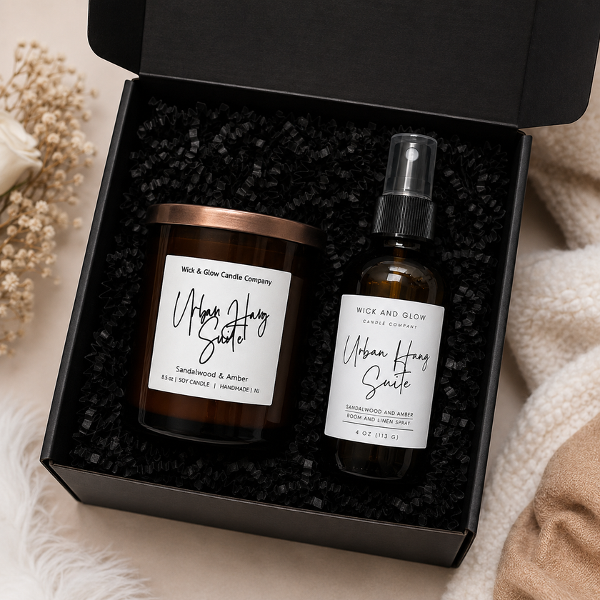 A gift set from Wick & Glow Candle Company featuring a 'Urban Hazy Sunset' scented candle in an amber glass jar with a copper-toned lid and a matching 'Urban Hazy Suite' diffuser bottle, both in a black gift box with black shredded paper.