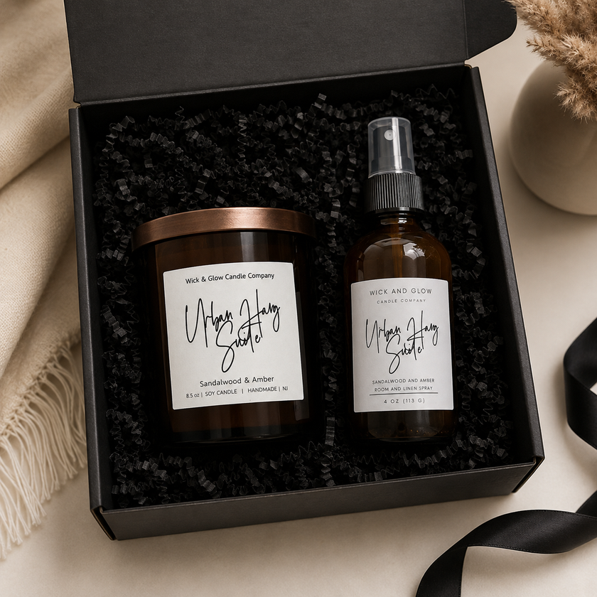 A gift set from Wick & Glow Candle Company featuring a 'Moon Hang Scents' soy candle in a dark amber glass jar with a copper-toned lid and a matching amber spray bottle, both in a black gift box with black shredded paper.