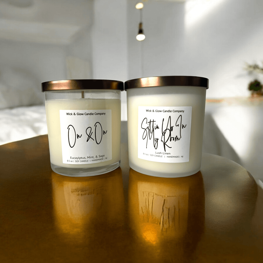 On & On + Sittin Up In My Room | Self Care Duo Luxury Soy Wax Candle Set– Eucalyptus & Linen - Wick and Glow Candle Company®